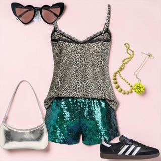 The Day 3 Recovery Look - featuring our leopard print cami, green sequin co-ord shorts with heart sunglasses