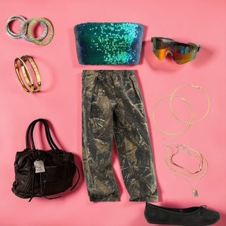 The Nepo Baby Set - featuring our green sequin co-ord and wraparound sunglasses