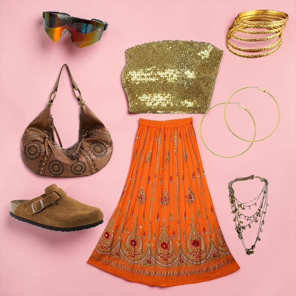 The Boho Sunset Look - featuring our gold Co-Ord set and wraparound sunglasses