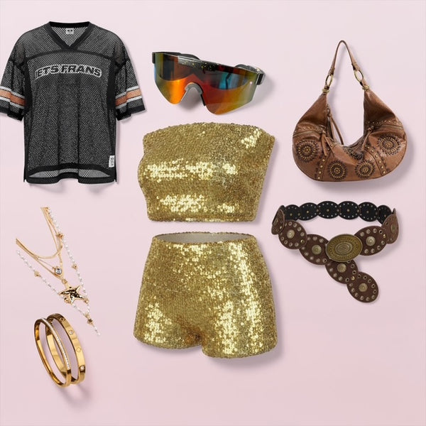 Main Stage Gold Look - featuring our gold co-ord set, and wraparound sunglasses
